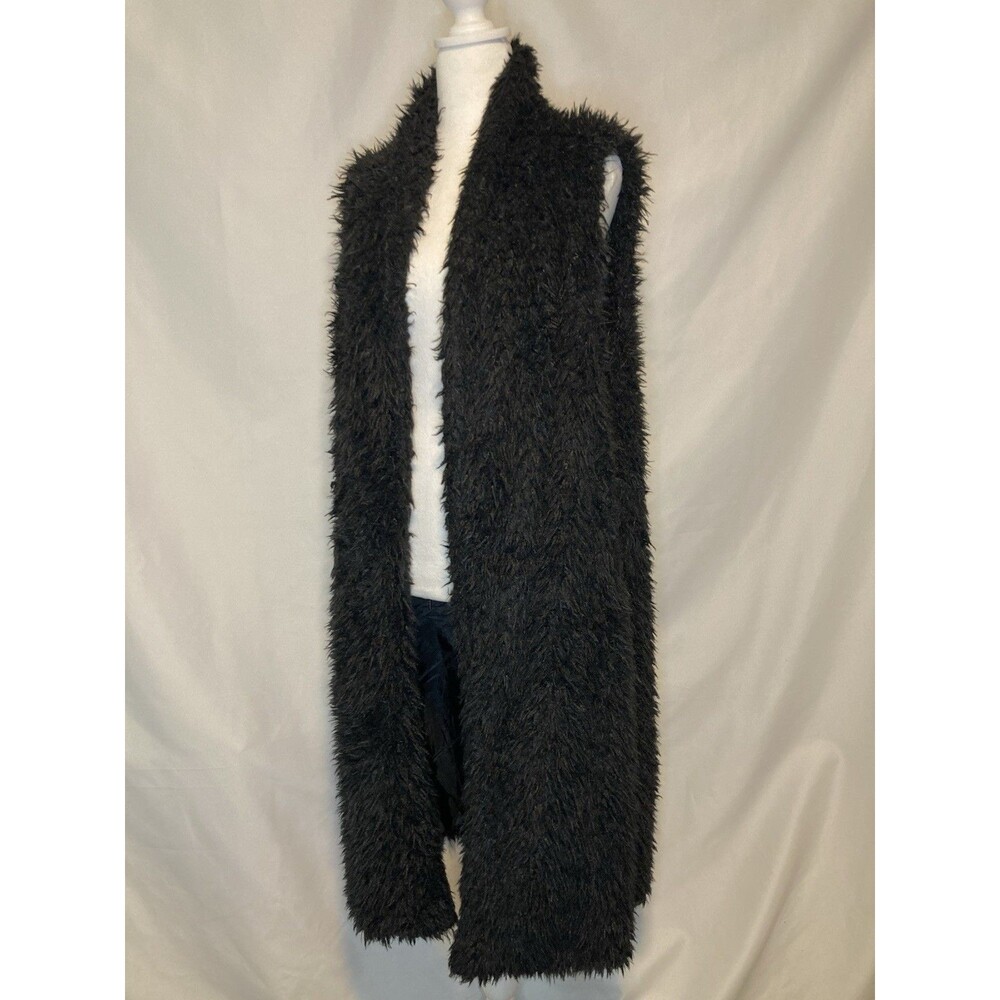 Y2K Whimsigoth Black Faux Fur Shaggy Cardigan Duster Womens L Open Front Boho